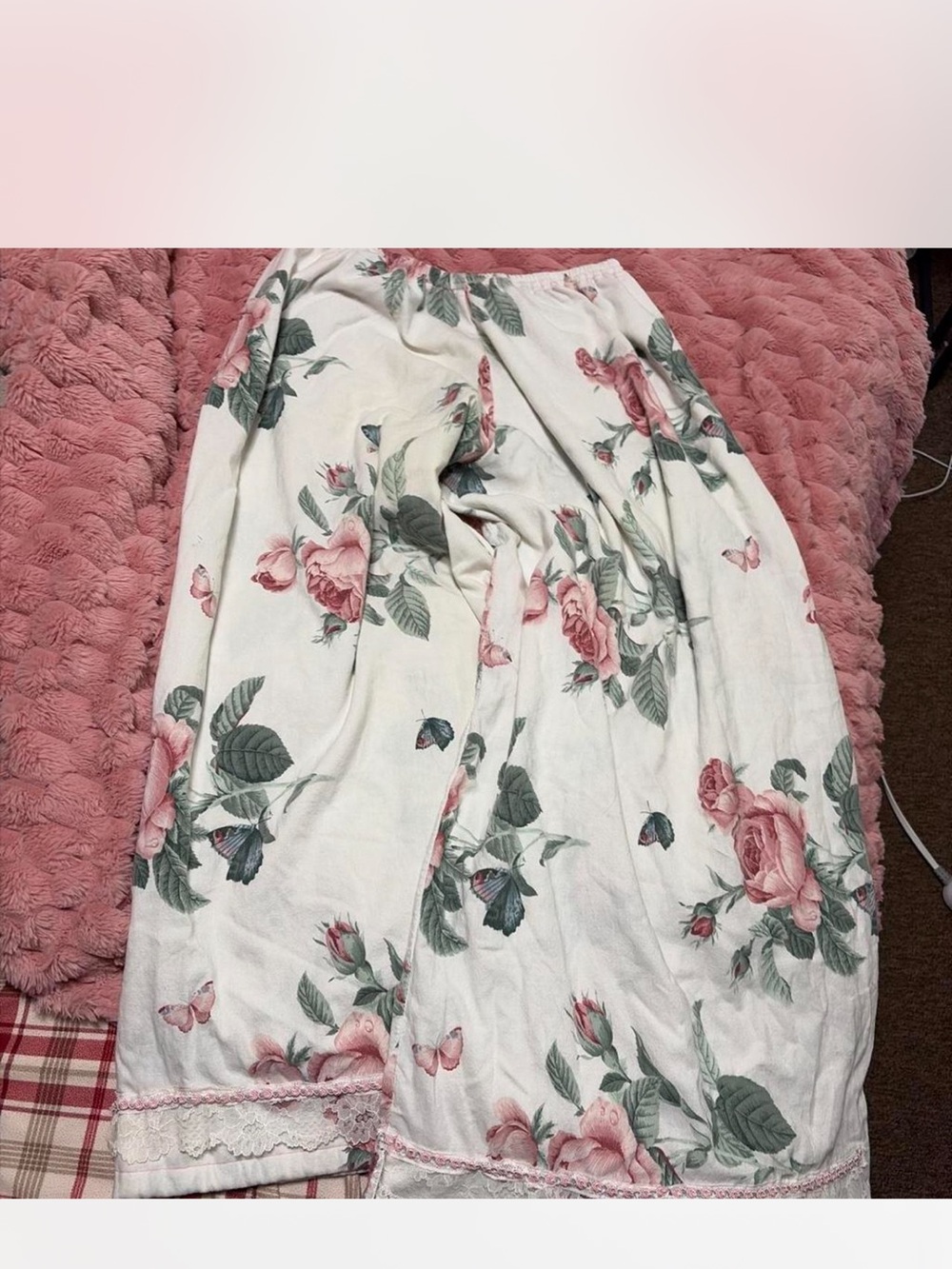 Handmade Wide Leg Floral Print Lounge Pants - Pink Rose on White